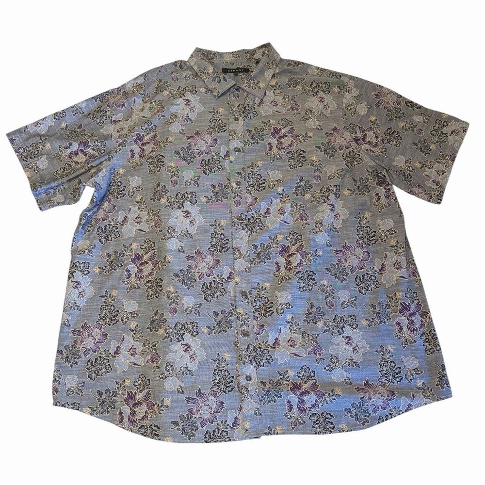 Floral Button Up Shirt Botanical Print Short Sleeve Y2K Casual 3XLT Blue Tall 🌺